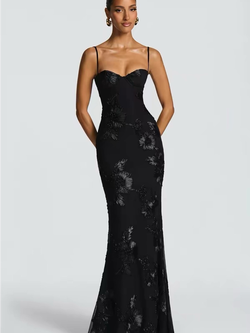Elegant Black Floral-Embellished Evening Gown